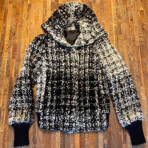 Sisley l Black and White Wool Boucle Funnel Neck Bomber Jacket Coat l Size Small